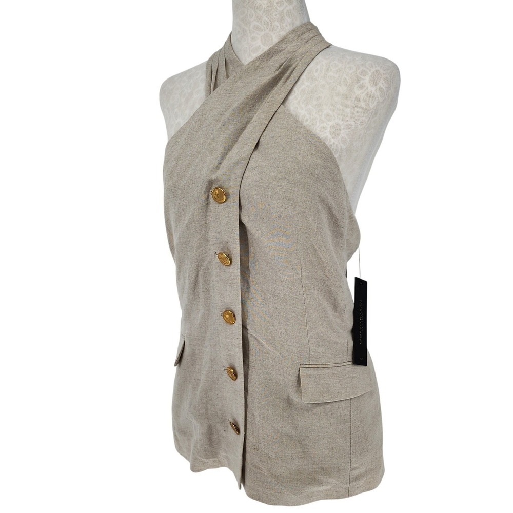 Donna Karan New York Linen Blend Halter Vest Top Beige Gold Button Size 16 NWT